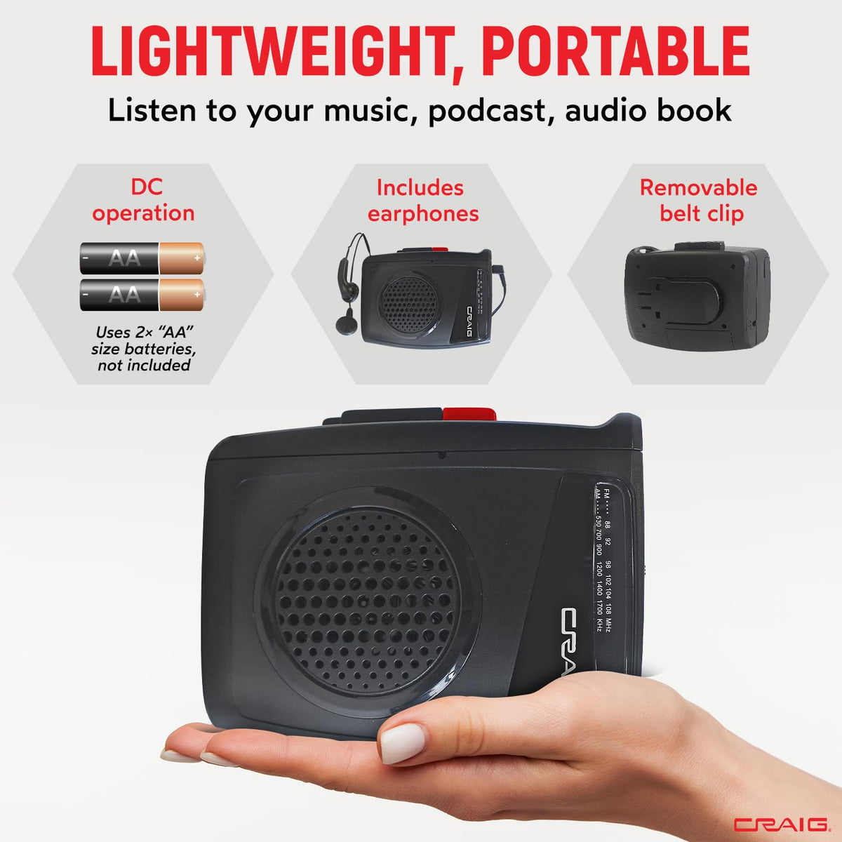 Craig CS2304 in-use with earphones offers private listening on commutes.