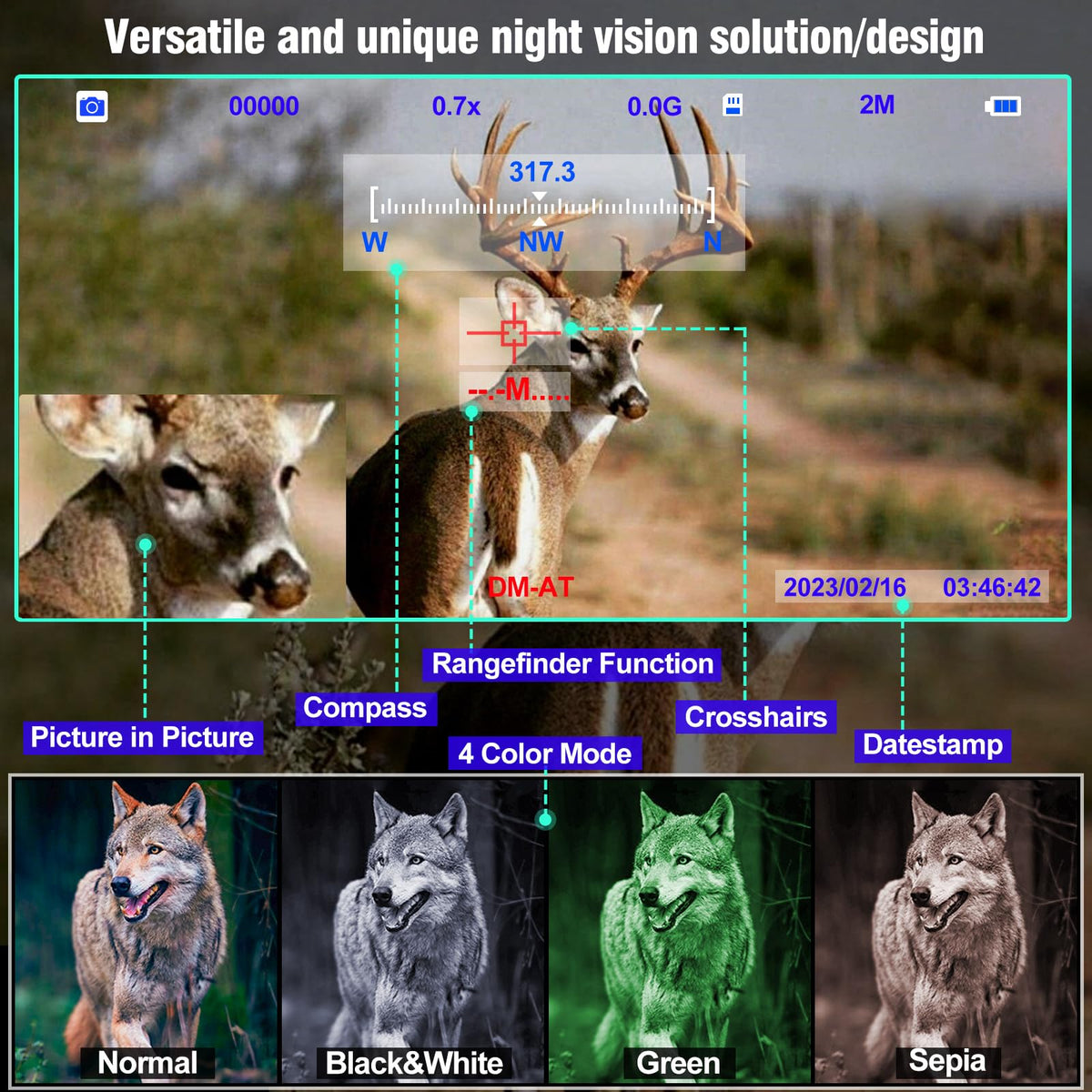 Crangcam 5x zoom binoculars capturing distant details in low light for outdoor use.