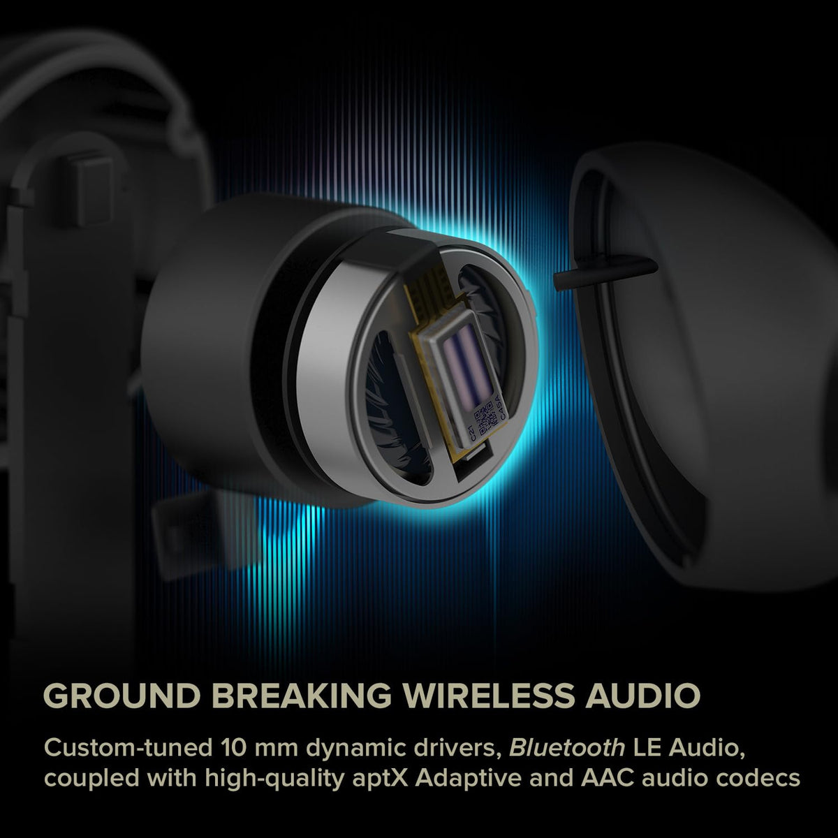 Creative Aurvana Ace charging case open with earbuds, demonstrates up to 24 hours