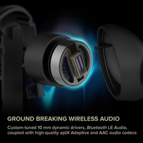 Creative Aurvana Ace charging case open with earbuds, demonstrates up to 24 hours