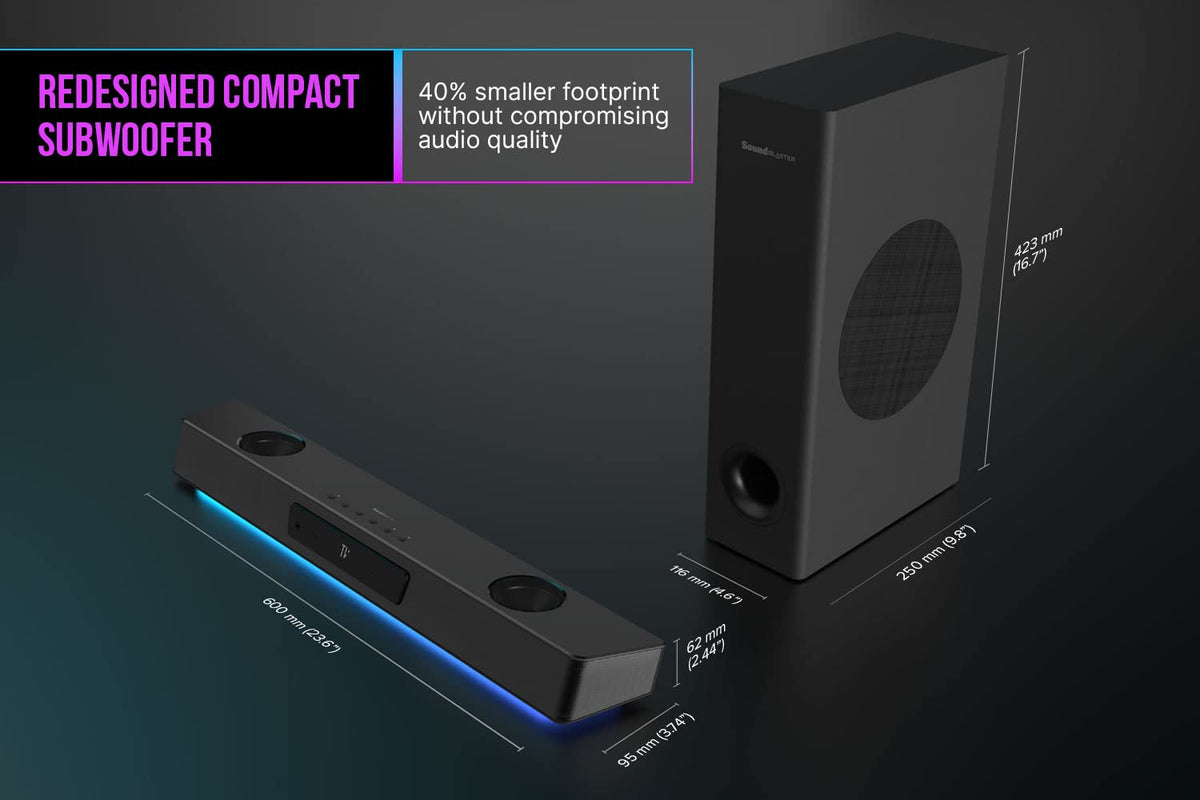 Creative Katana V2X satellite speakers on tabletop delivering dynamic home theater sound