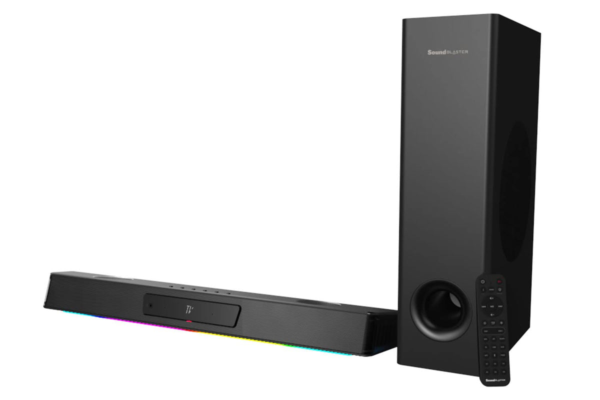 Creative Katana V2X soundbar front view with wireless subwoofer for immersive gaming audio
