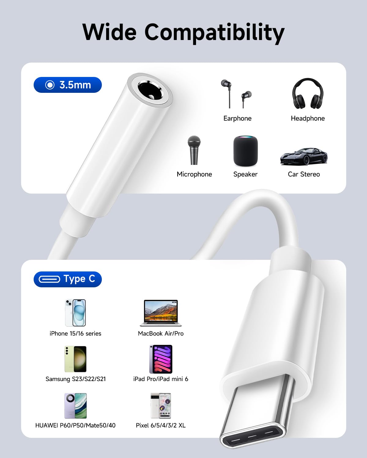 Criello USB-C to 3.5mm adapter in car setup enabling wired audio