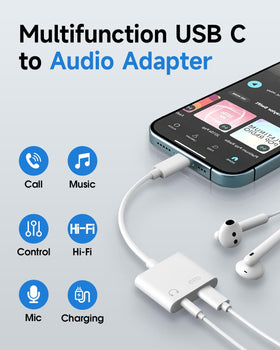 Criello USB-C to AUX adapter side ports highlight dual audio and charging function.
