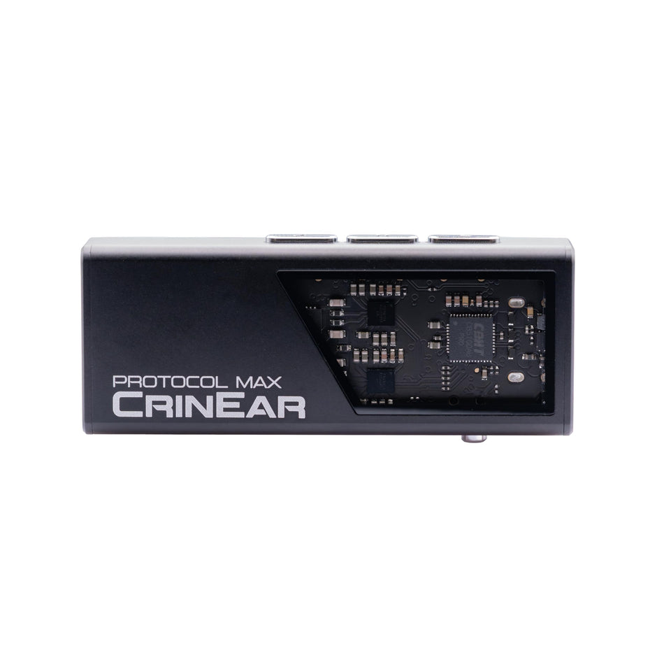 CrinEar Protocol Max front view, compact portable DAC-amplifier for travel listening.