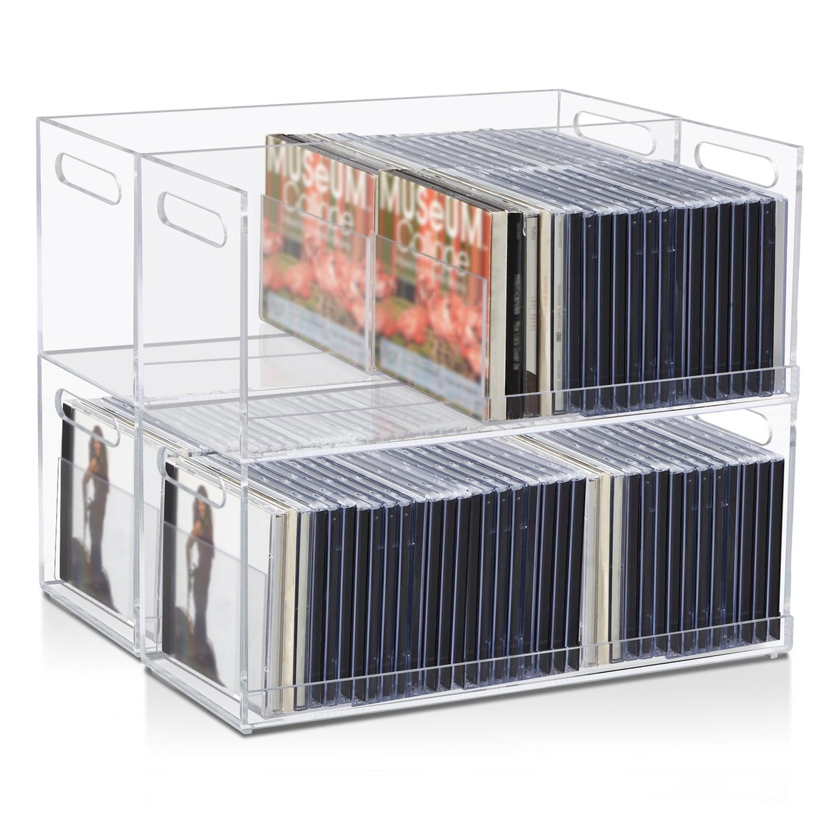 CroBlissful 4pc acrylic CD storage boxes neatly organize a growing CD collection.
