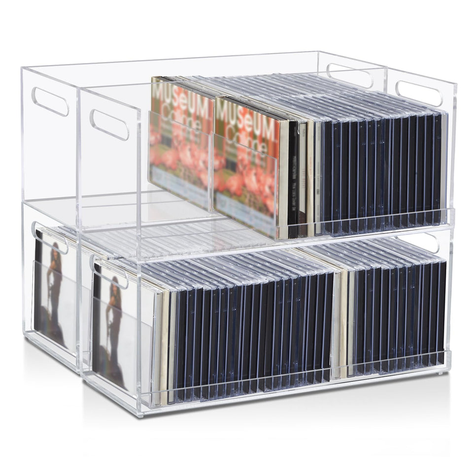 CroBlissful 4pc acrylic CD storage boxes neatly organize a growing CD collection.