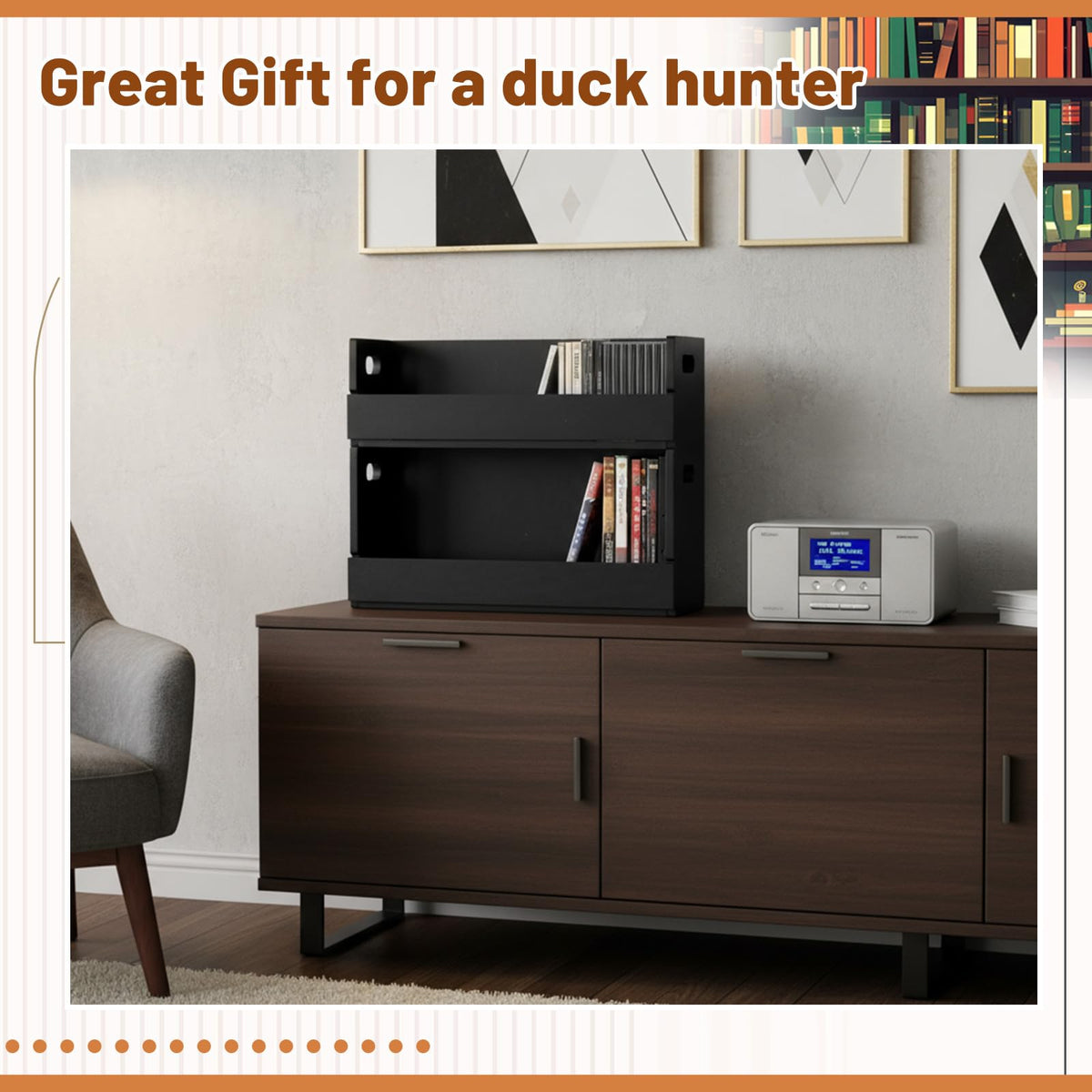 CroBlissful black wooden storage for DVDs and CDs enhances decor.