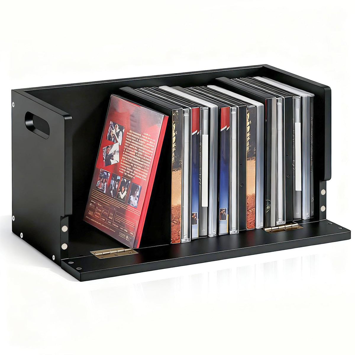 CroBlissful wooden DVD storage box with a front magnet lid for quick access.