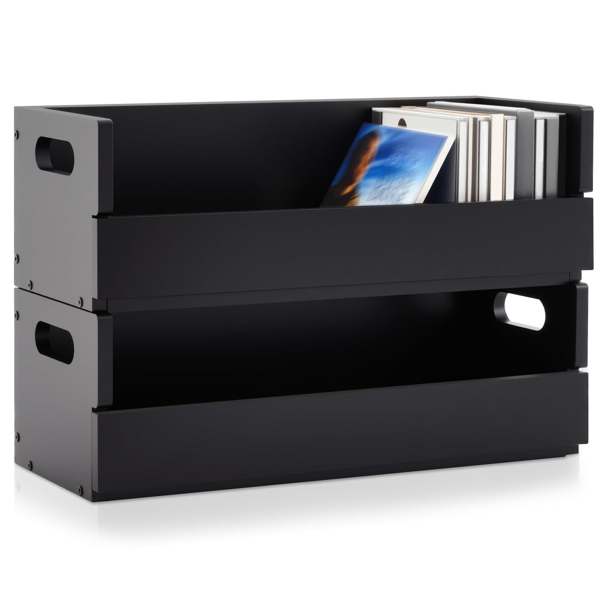 CroBlissful front view of two black wooden CD boxes providing tidy storage