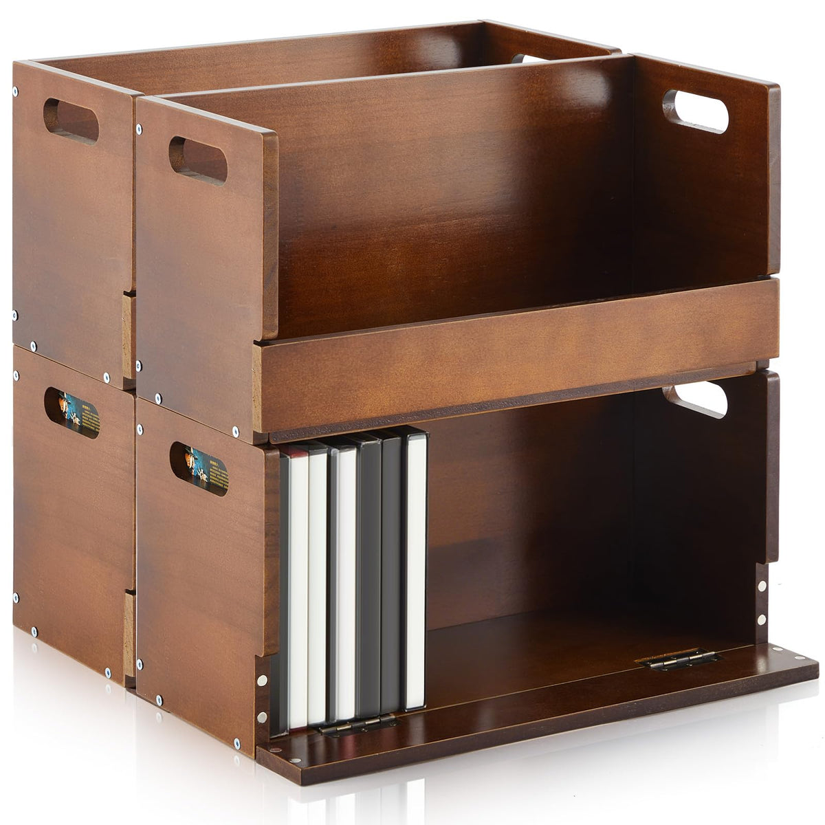 CroBlissful four-set wooden DVD storage box front view, sturdy and space-saving.