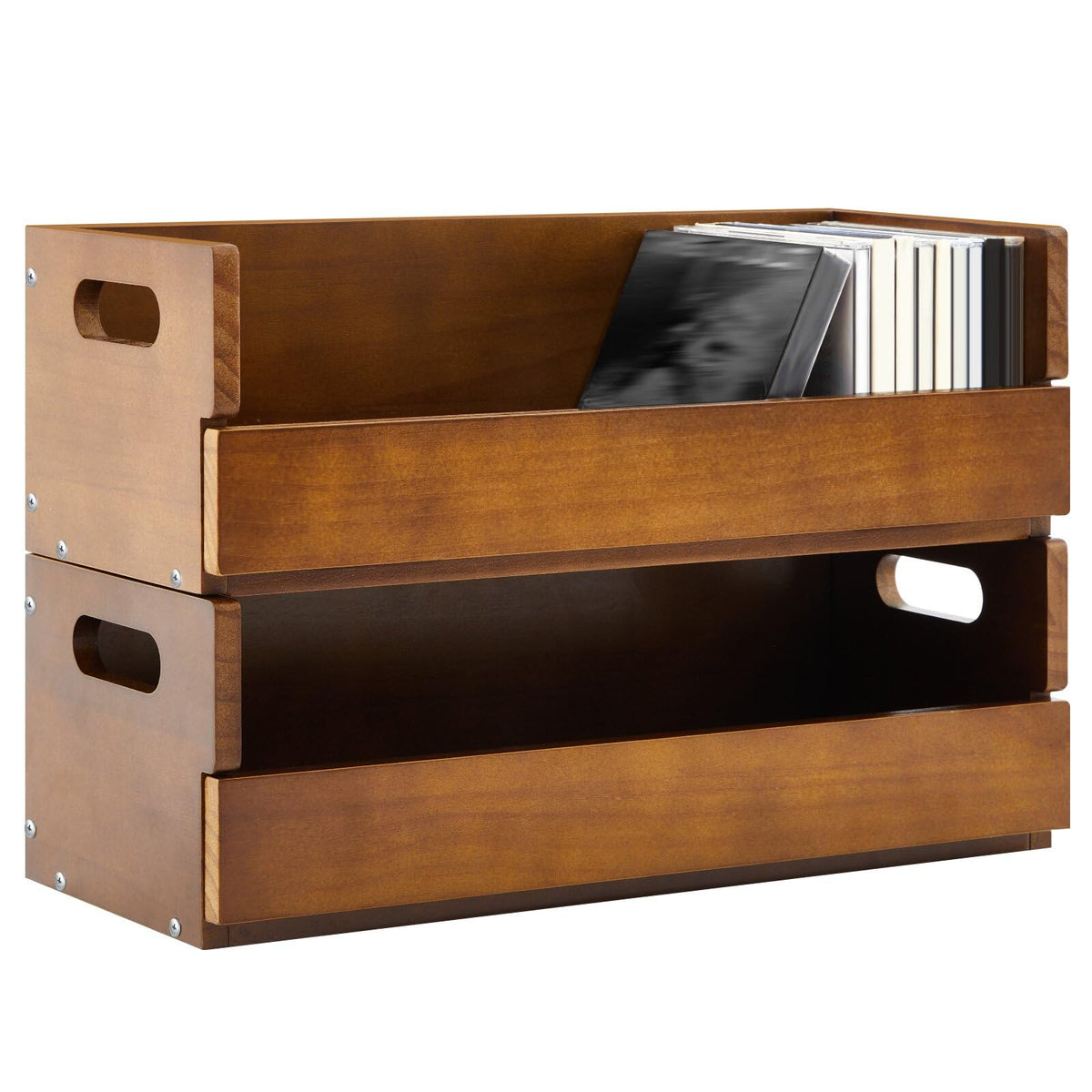 CroBlissful front view of brown wooden CD box showing neat storage and classic look