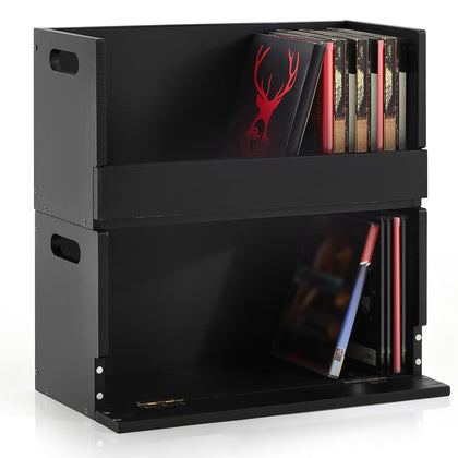 CroBlissful front view of two black wooden DVD boxes showing elegant storage benefit