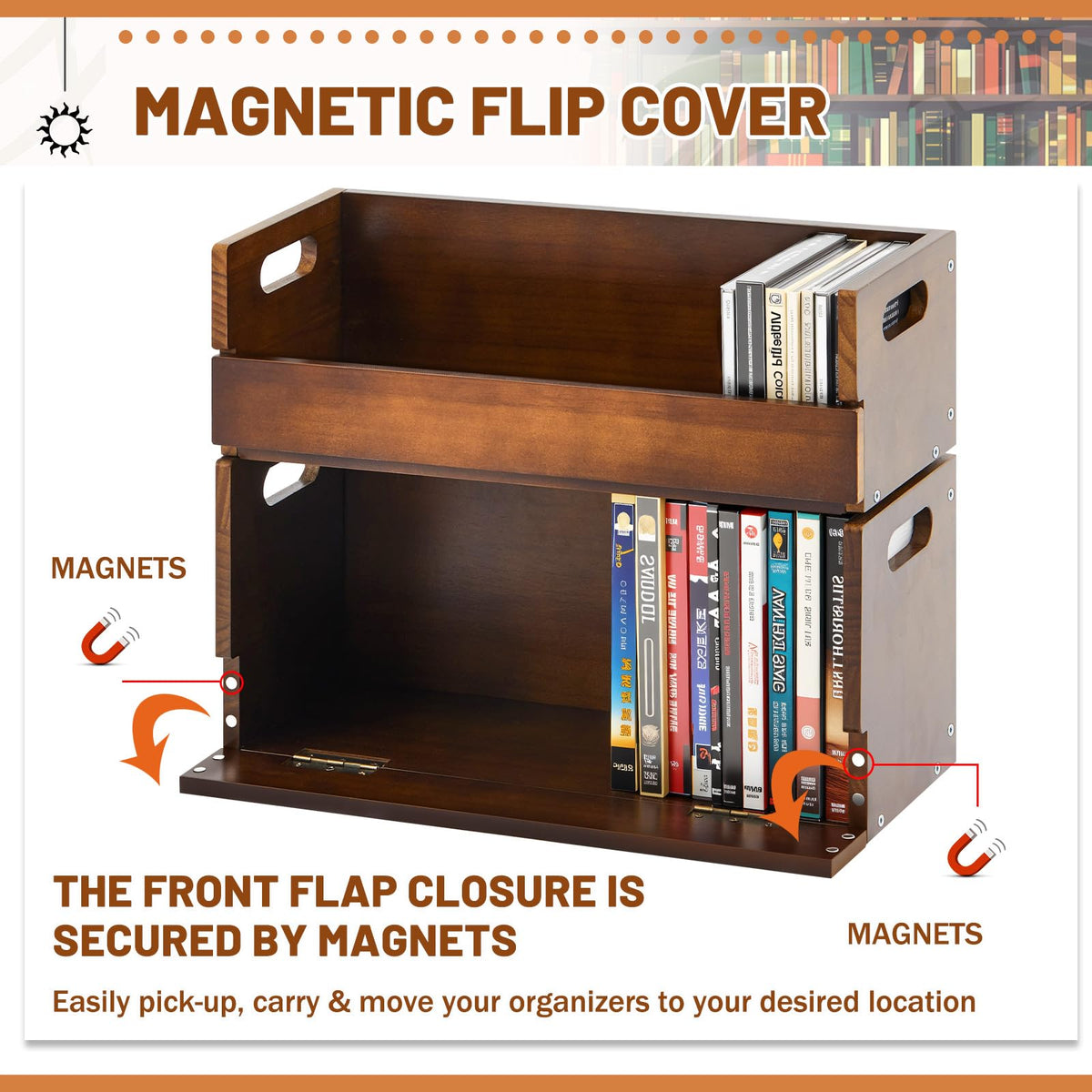 CroBlissful stackable wooden storage rack shown in a neat music corner
