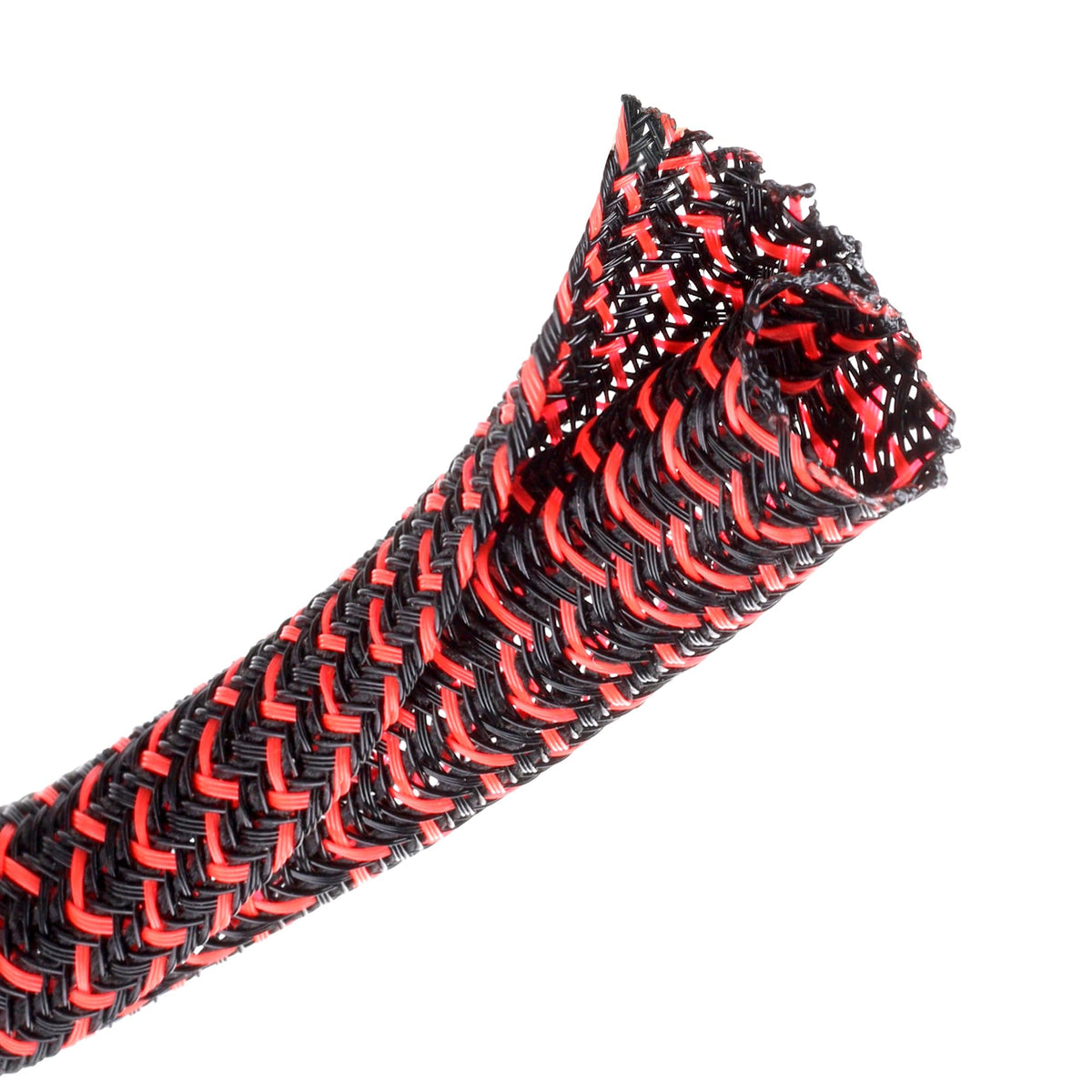 CrocSee 25ft split-wire loom in black and red protects multiple cables behind a TV setup.
