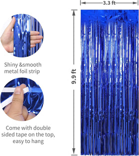 Crosize dark blue foil fringe curtains party setup adds sparkle to celebrations and stages.