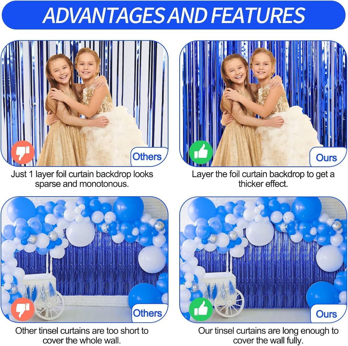 Crosize dark blue foil fringe curtains photoshoot booth enhances backgrounds with shimmering texture.