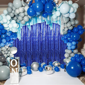 Crosize dark blue foil fringe curtains stage decor elevates events with festive flair and depth.