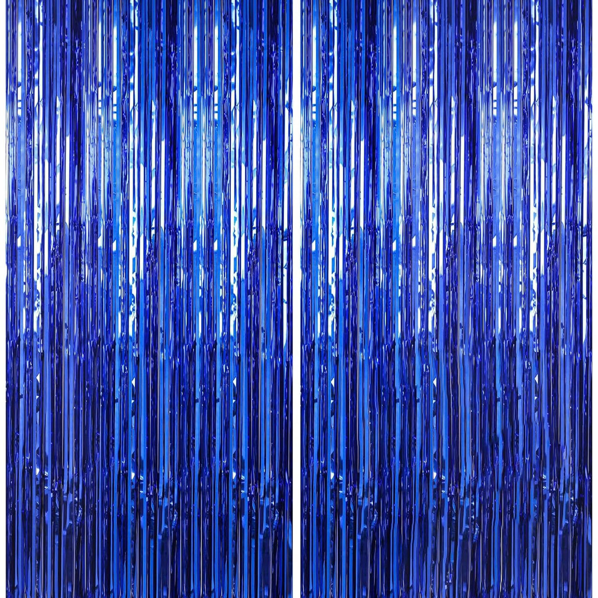 Crosize dark blue foil fringe curtains wall backdrop for festive party decor and photo moments.