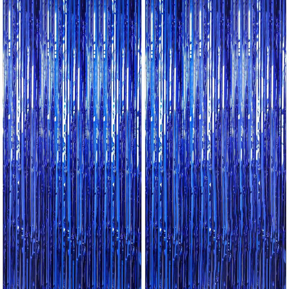 Crosize dark blue foil fringe curtains wall backdrop for festive party decor and photo moments.