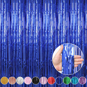 Crosize front packaging showing four blue foil fringe curtains and quick setup benefit
