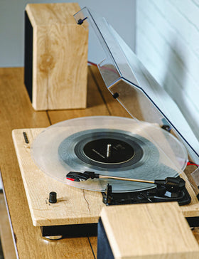 Crosley Brio dust cover closed over the turntable