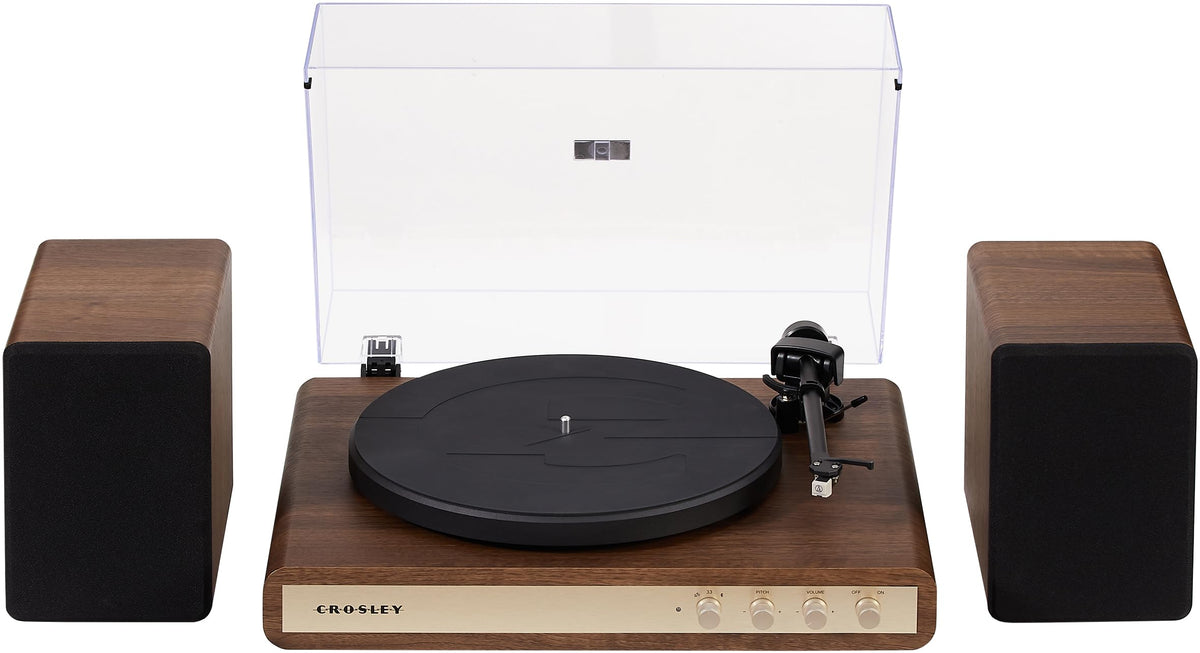 Crosley C65A-WAGL front view with walnut finish and room-filling 50W speakers.