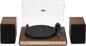 Crosley C65A-WAGL front view with walnut finish and room-filling 50W speakers.