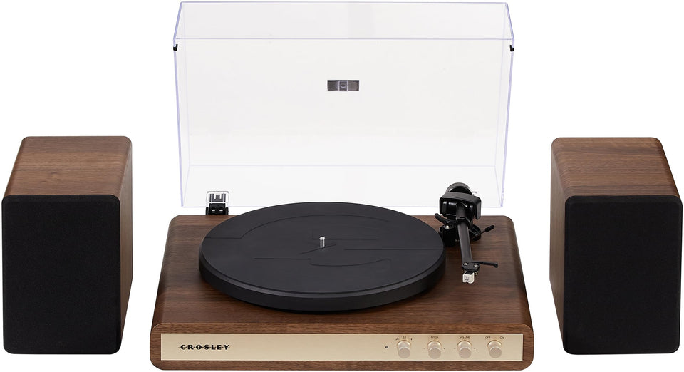 Crosley C65A-WAGL front view with walnut finish and room-filling 50W speakers.