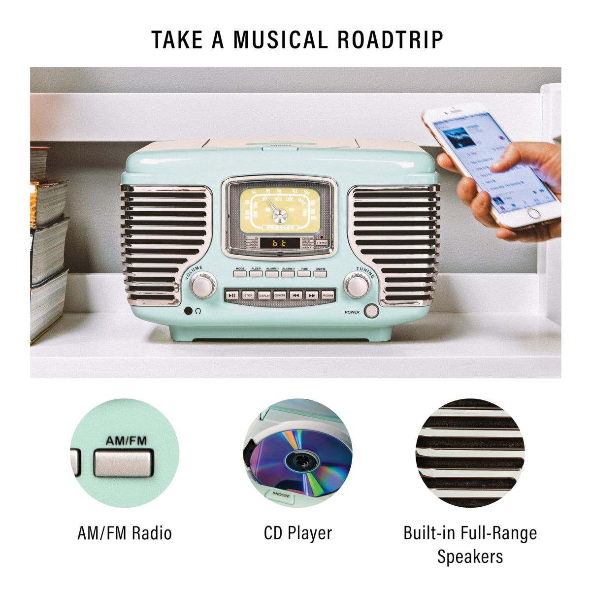 Crosley Corsair CR612B-AB AM/FM dial highlighting easy station tuning