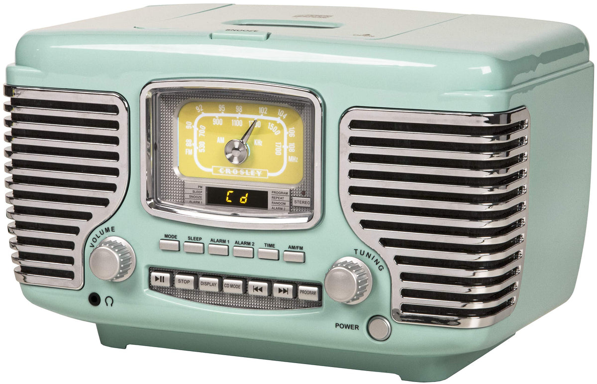 Crosley Corsair CR612B-AB aqua blue audio panel showing Bluetooth streaming capability