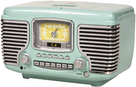 Crosley Corsair CR612B-AB aqua blue audio panel showing Bluetooth streaming capability