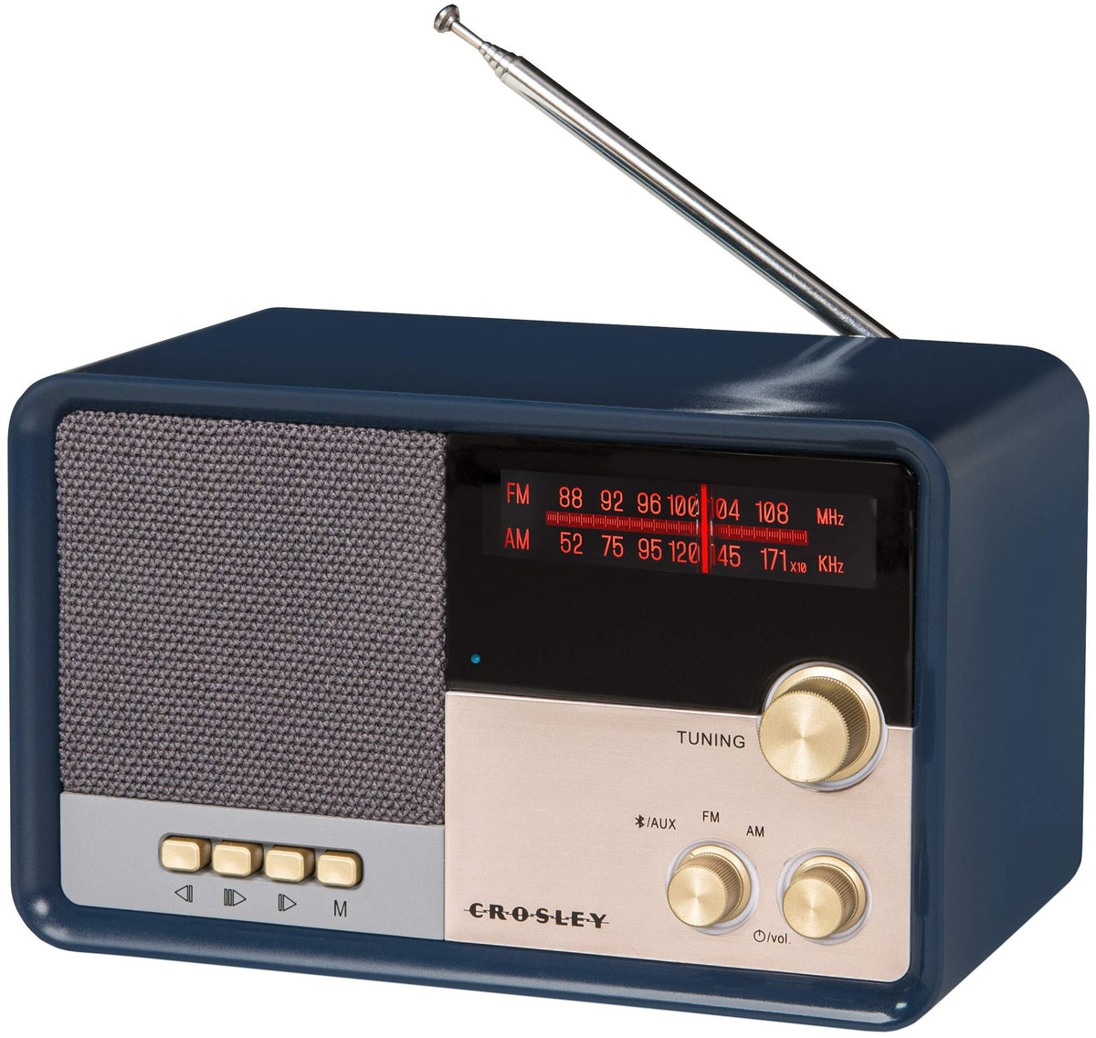 Crosley close-up of gold knobs and dial emphasizing tactile control