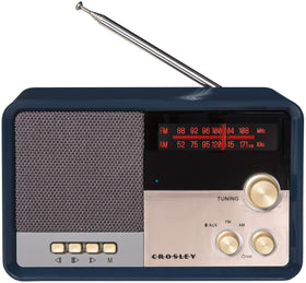 Crosley navy front view showing vintage design and clear sound