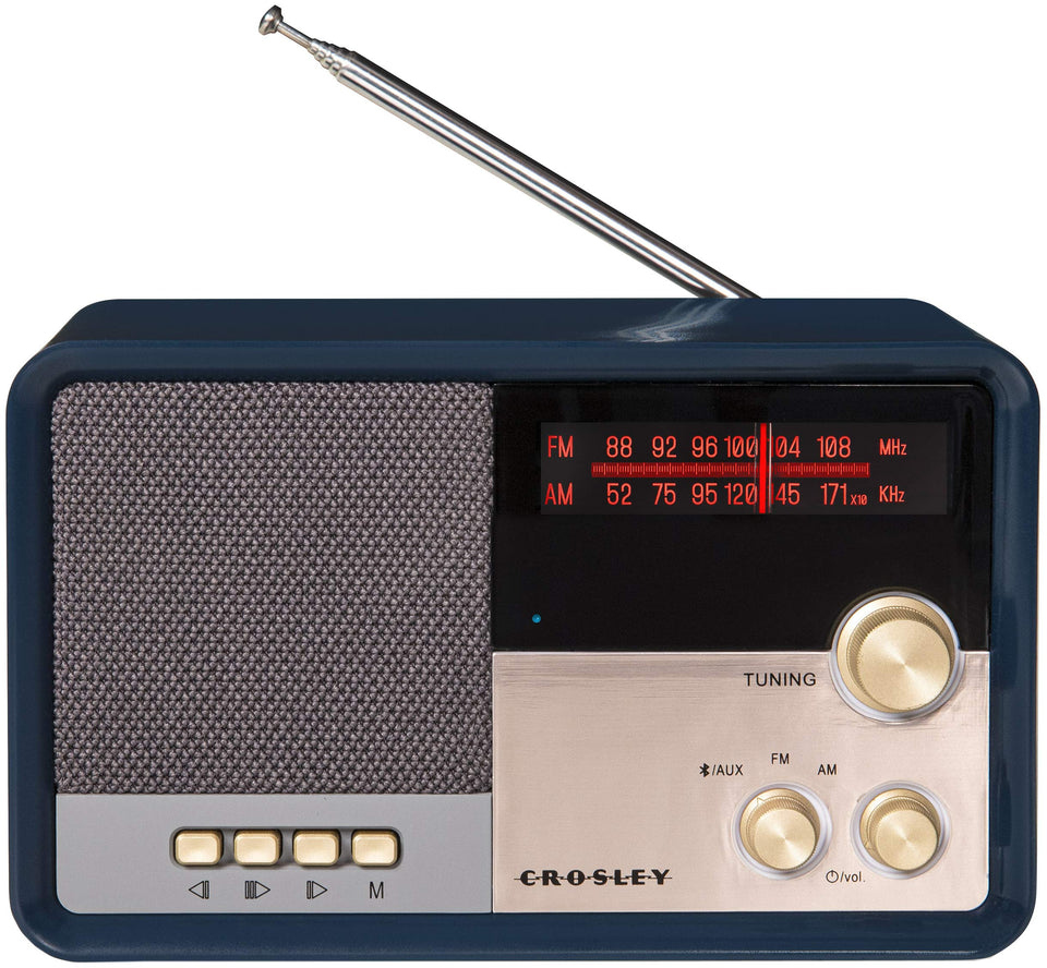 Crosley navy front view showing vintage design and clear sound