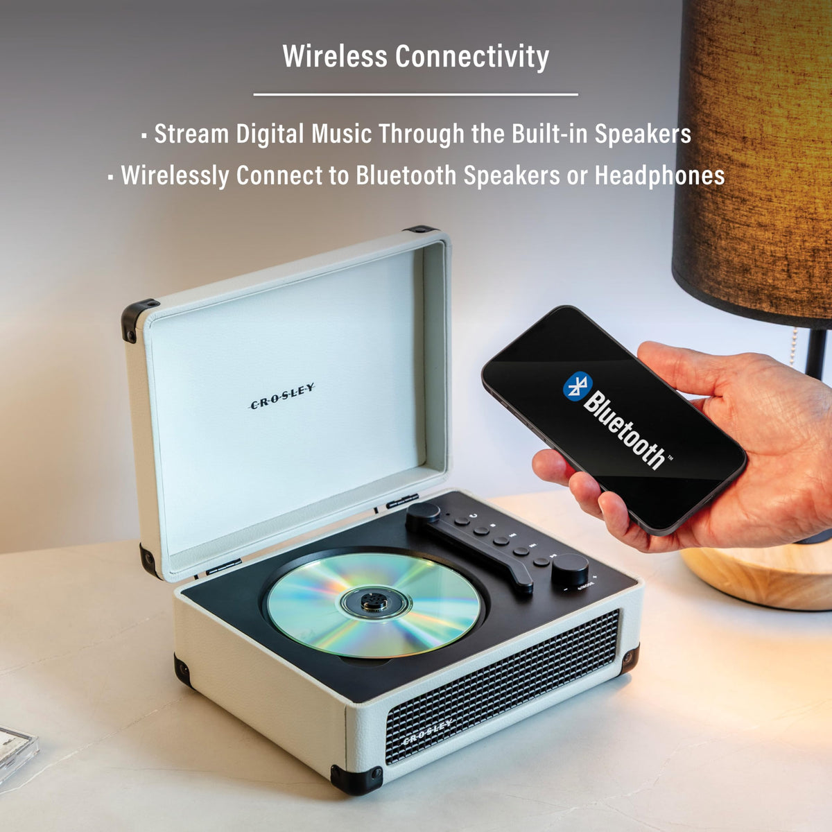 Crosley CR3505DP-WF magnetic lid close-up, secure lid for travel.