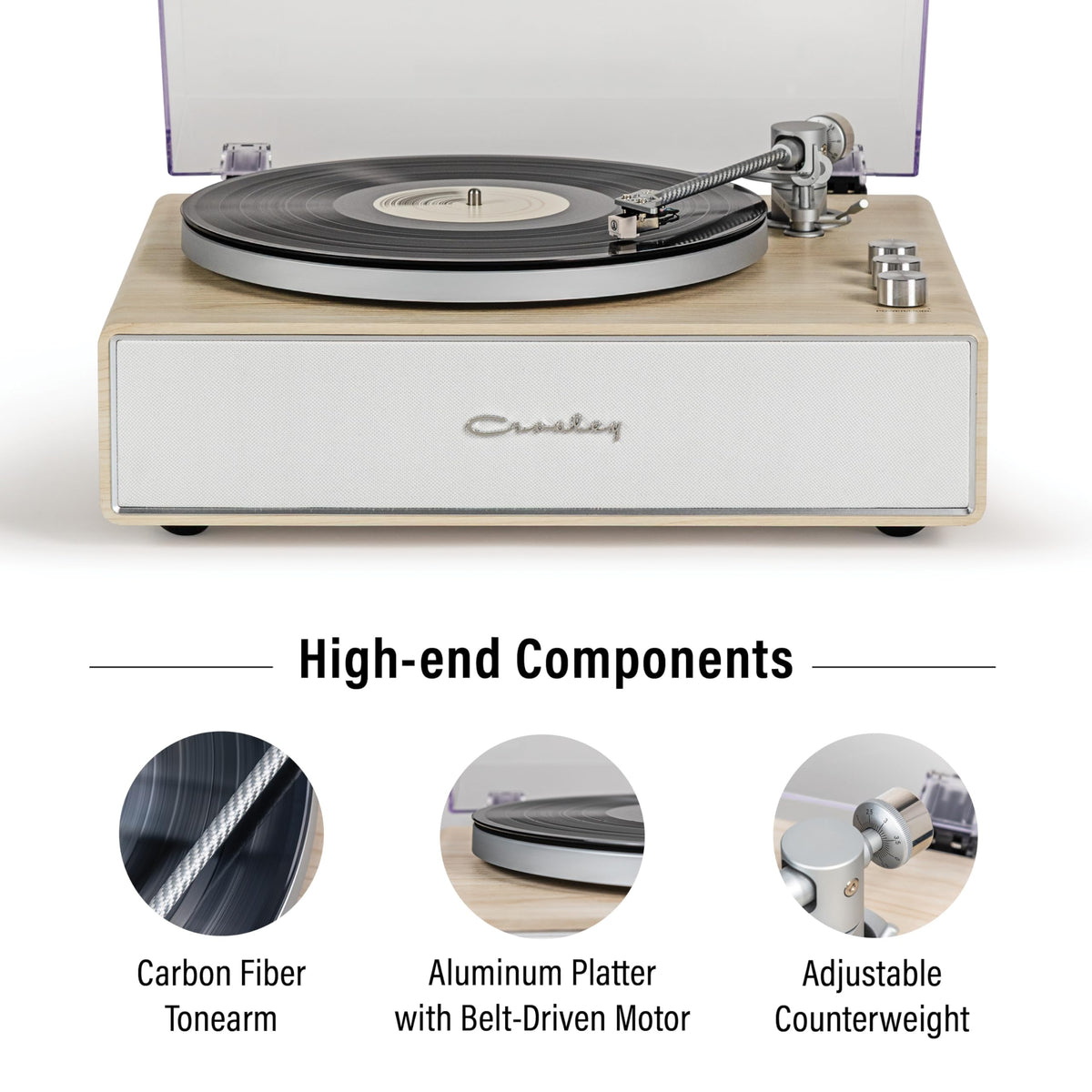 Crosley CR6046A NASL Stave carbon fiber tonearm close-up reduces vibration for stable tracking