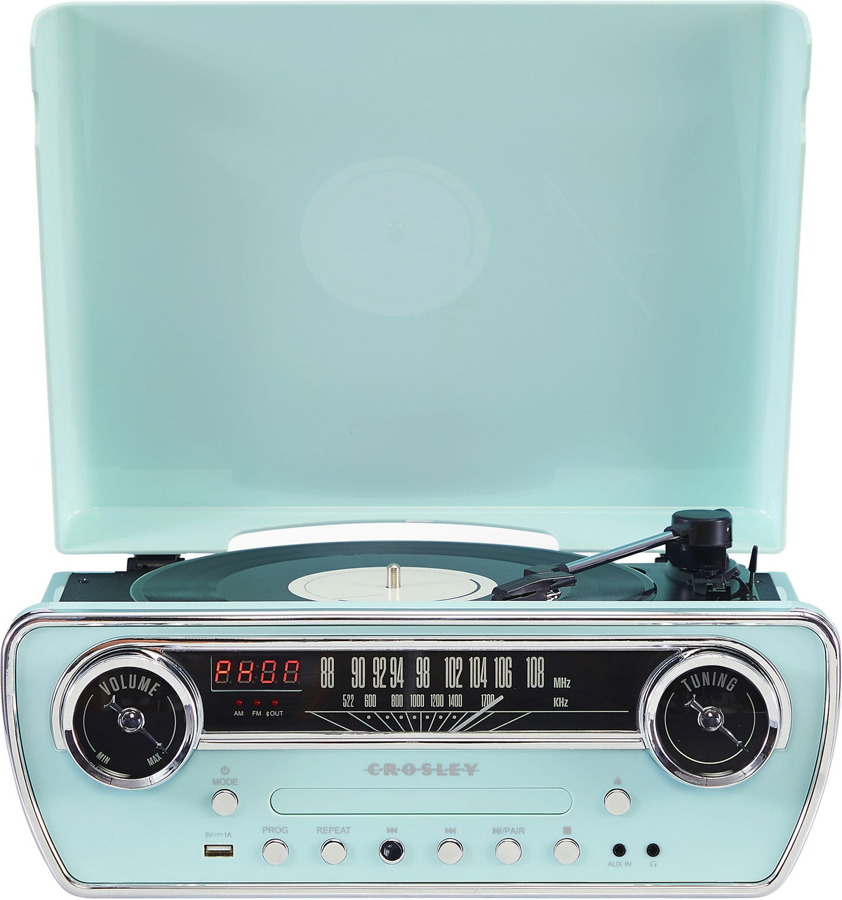 Crosley CR6047A-AB Powel 7-in-1 Bluetooth unit with sleek aqua blue finish for versatile listening