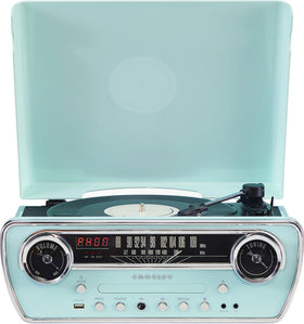 Crosley CR6047A-AB Powel 7-in-1 Bluetooth unit with sleek aqua blue finish for versatile listening