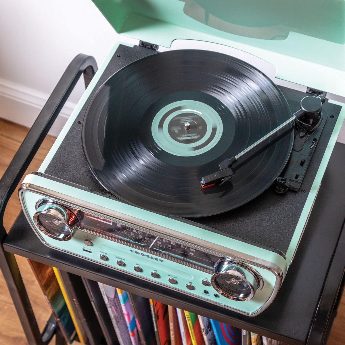 Built-in full-range speakers in Crosley CR6047A-AB Powel studio-style sound