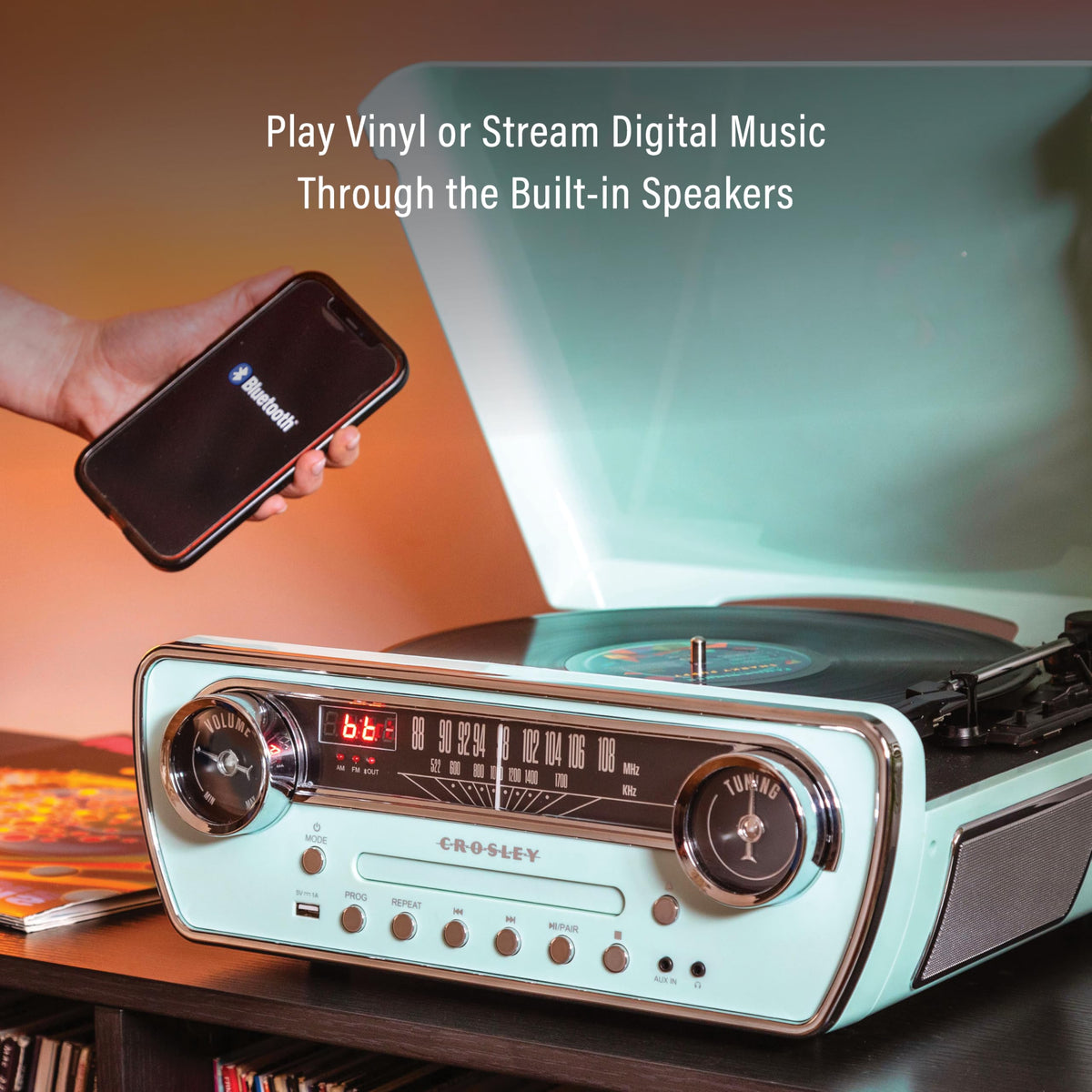 CD player slot on Crosley CR6047A-AB Powel for convenient disc playback