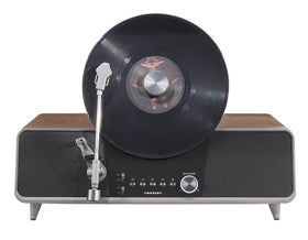 Crosley Beck vertical turntable in walnut, space-saving design for compact rooms