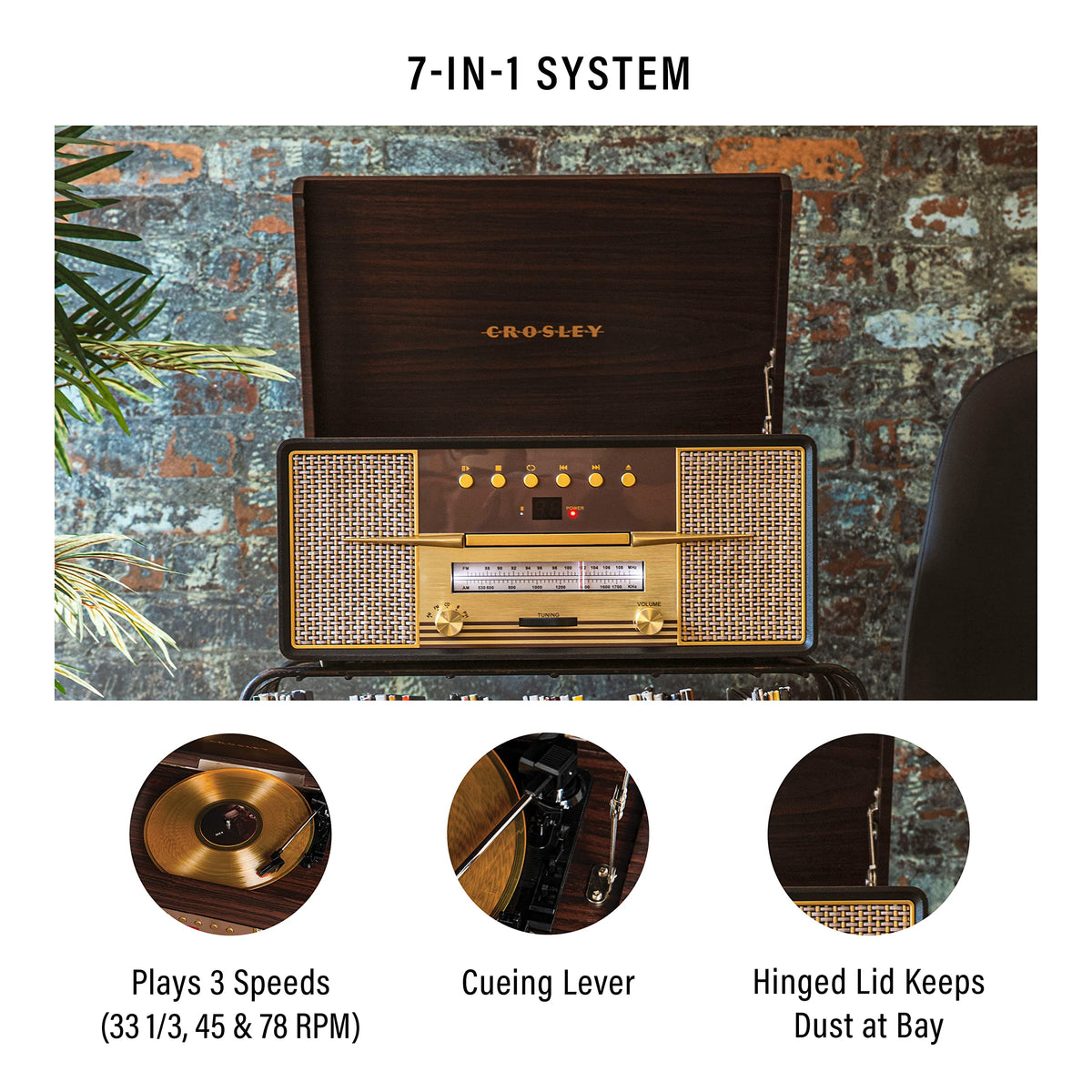 Crosley CR7016A-MA Rhapsody control panel showing easy access to three-speed turntable and CD