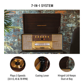Crosley CR7016A-MA Rhapsody control panel showing easy access to three-speed turntable and CD