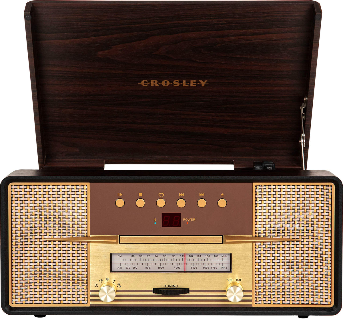 Crosley CR7016A-MA Rhapsody front view with mahogany cabinet and retro styling for versatile listening