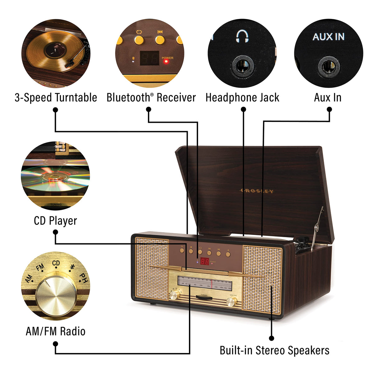 Crosley CR7016A-MA Rhapsody lower speakers delivering full-range stereo sound
