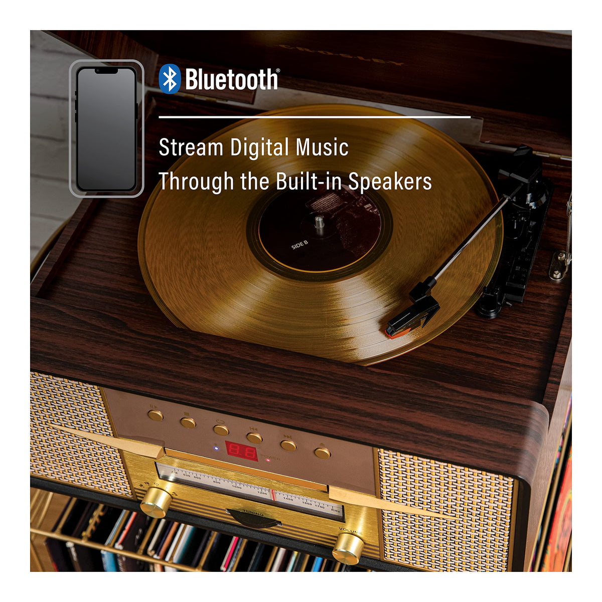 Crosley CR7016A-MA Rhapsody vinyl turntable ready for 33 1/3, 45, and 78 RPM records