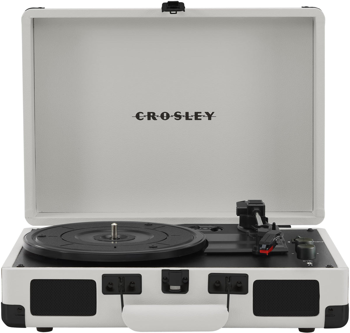 Crosley CR8005DP-WF Cruiser Plus front view shows portable vinyl setup with vintage charm.