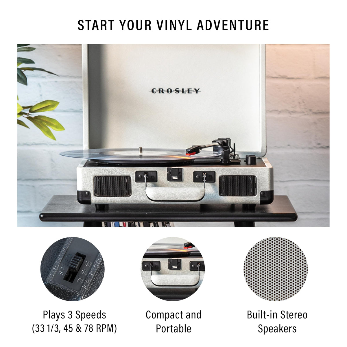 Crosley CR8005DP-WF lid-open highlights belt-drive turntable and cueing lever for precise playback.