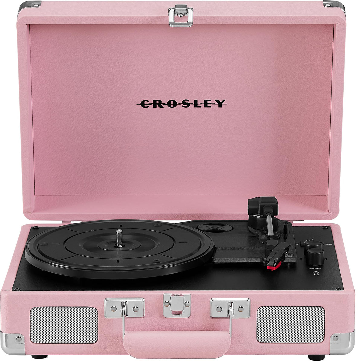 Crosley Cruiser Plus blush front view shows warm, vintage styling and compact footprint